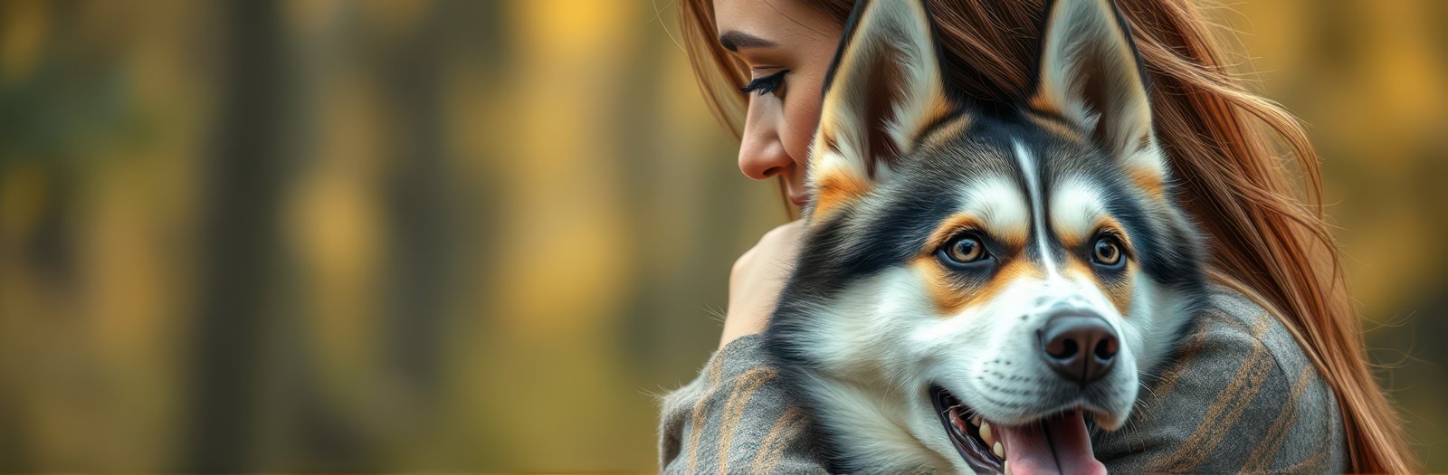 Woman embraces her husky dog in a serene forest during the golden hour, showcasing a deep bond between them